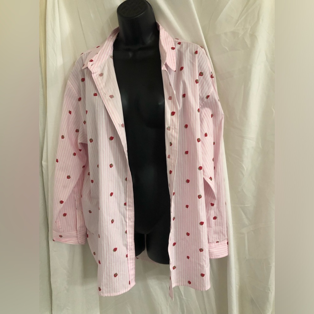 Nine West pink white striped strawberry button down menswear shirt size large - Picture 6 of 16